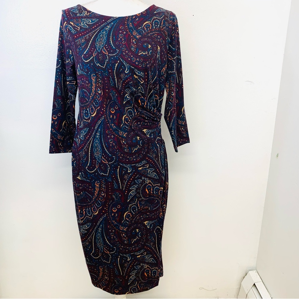 Talbots Faux Wrap Dress  Medium Dark Abstract‎  Ruched Stretch Business Casual